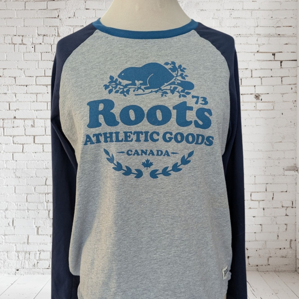 Roots Gray and Blue Long Sleeve Tee with Logo